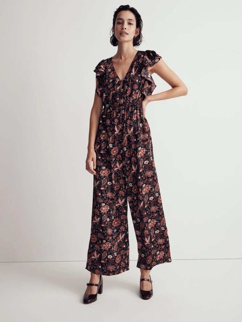 Madewell Deep V Ruffled Plus Size Jumpsuit in Pampas Bloom Fall Floral | 1X